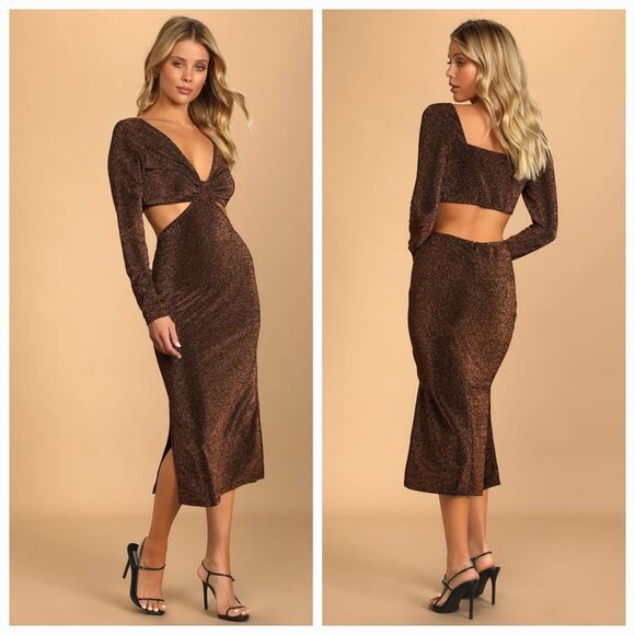 Lulus Sparks of Love Metallic Bronze Cutout Long Sleeve Midi Dress, Size XL, NWT - Picture 6 of 6
